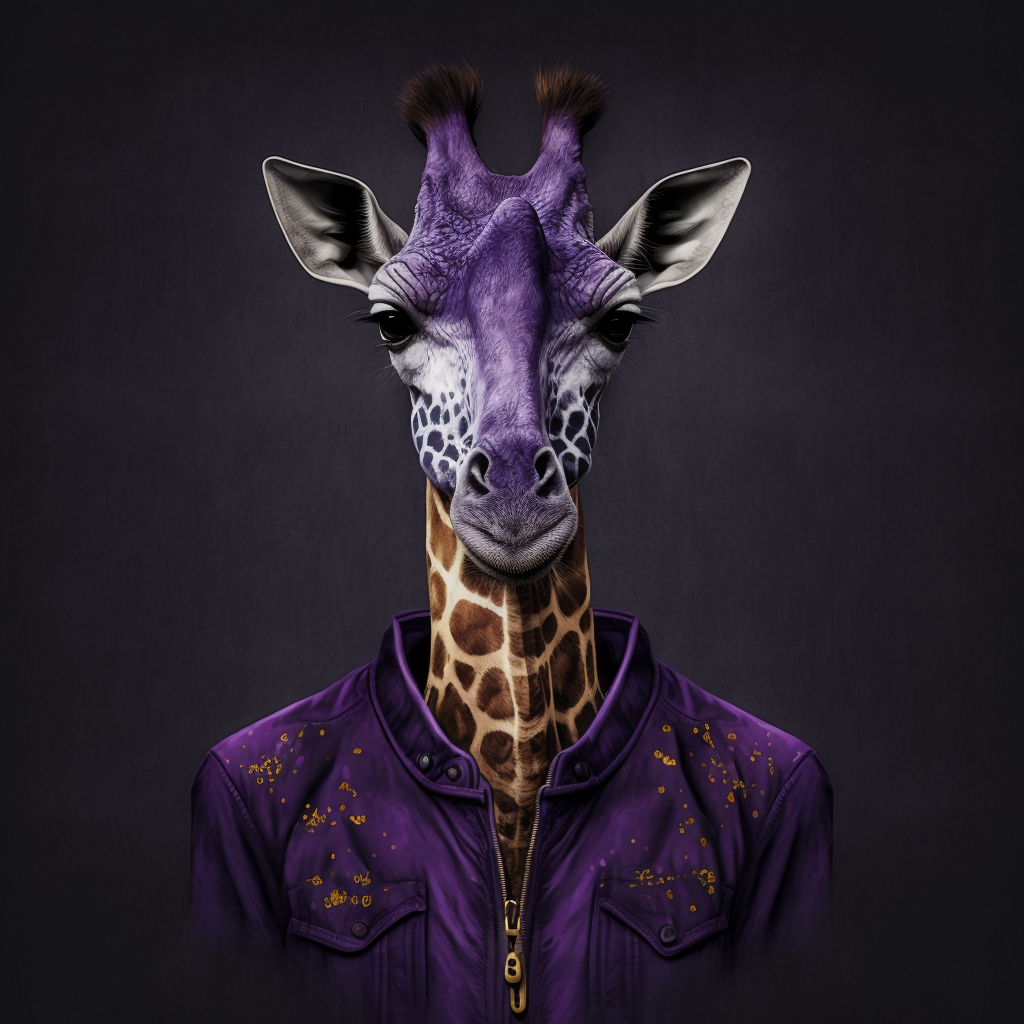 A playful purple giraffe donning a stylish purple jacket, symbolizing the fun and unique products available in our GirafficPark collection at Purple Grenade.