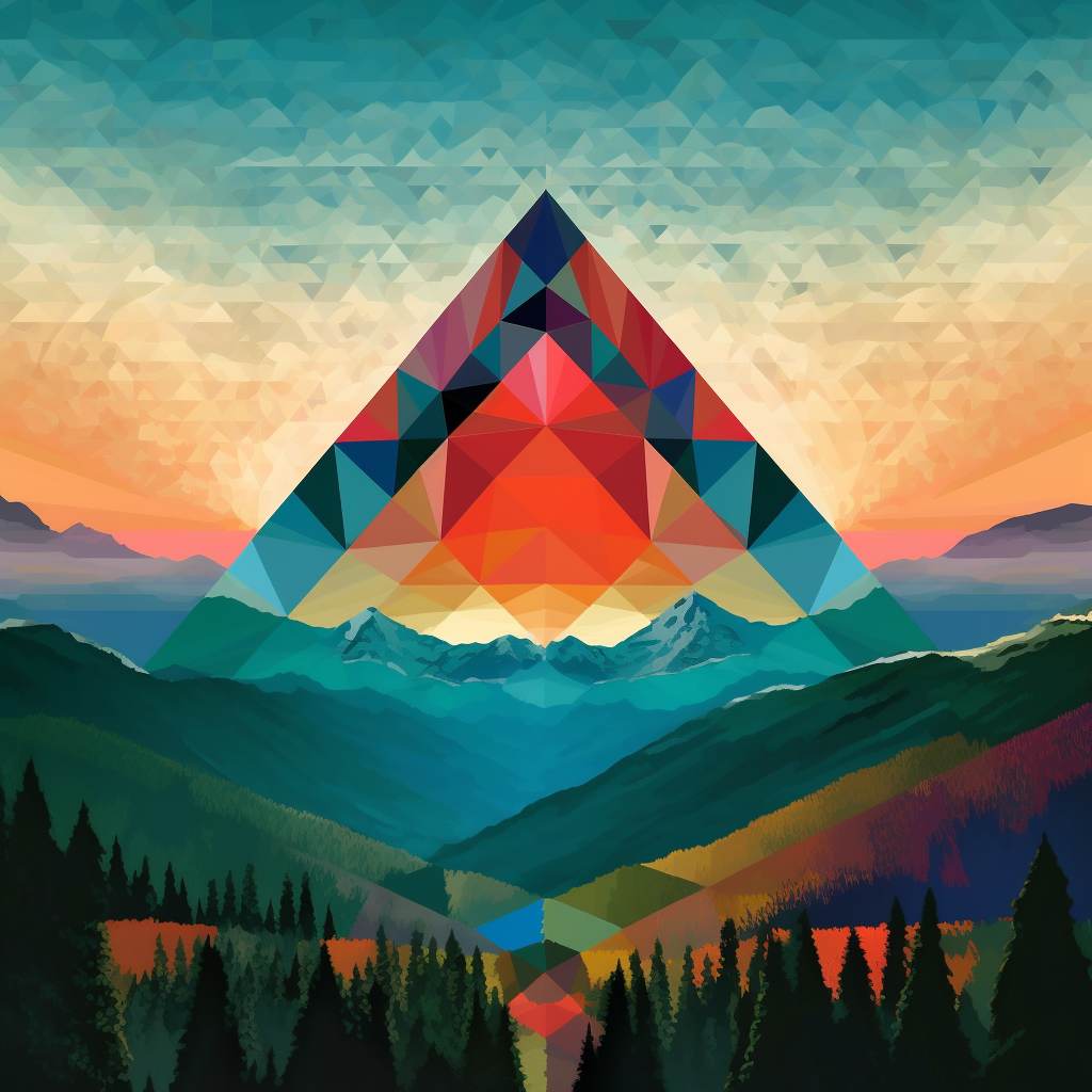 A geometric design featuring triangles, mountains, and trees representing a Journey Beyond with creative apparel brand Purple Grenade.