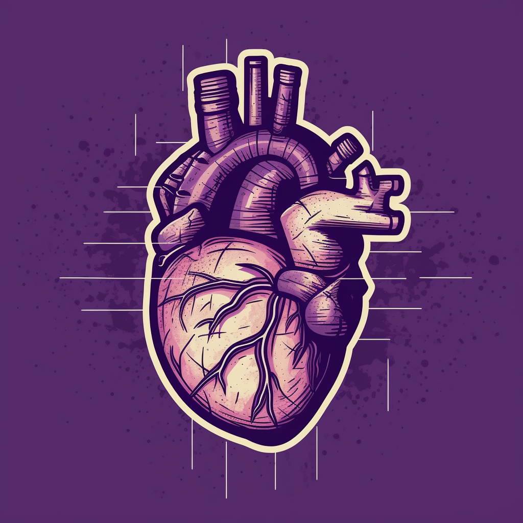 A purple grenade in the shape of an anatomical heart, representing the explosion of love and creativity at Purple Grenade